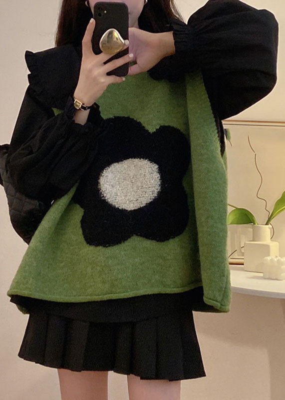 Green Cotton Knit Waistcoat Black Shirts and Pleated Skirt Three Pieces Set Long Sleeve