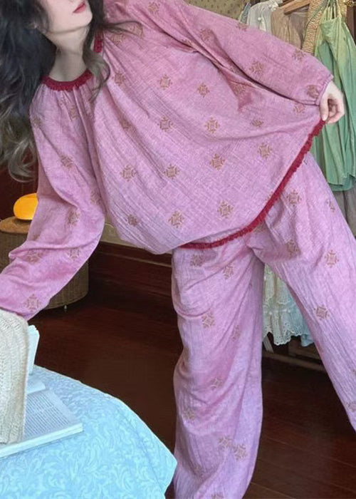 Loose Purple O Neck Print T Shirt and Pants Cotton Pajamas Two Piece Set Fall