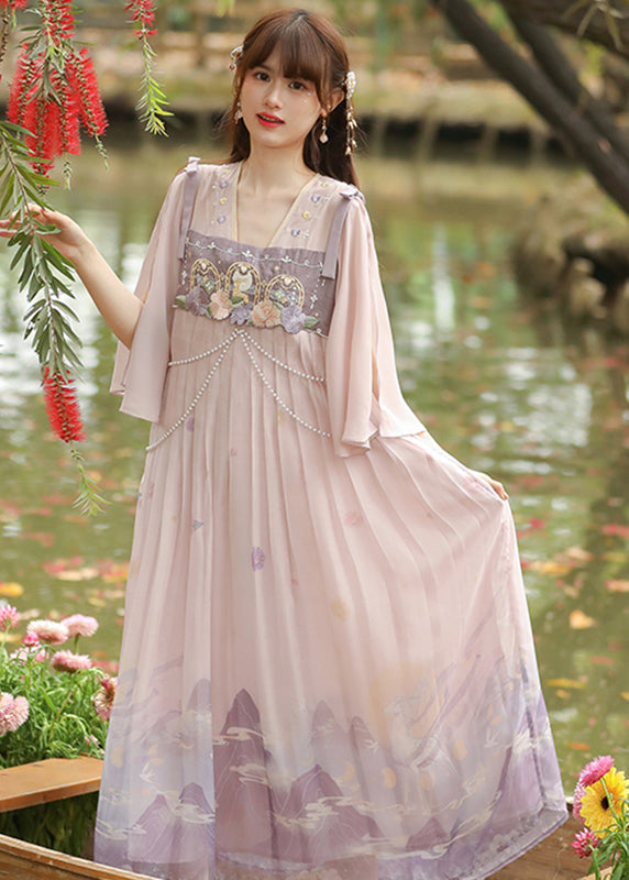 Pink Embroideried Wrinkled Patchwork Chiffon Dress Half Sleeve