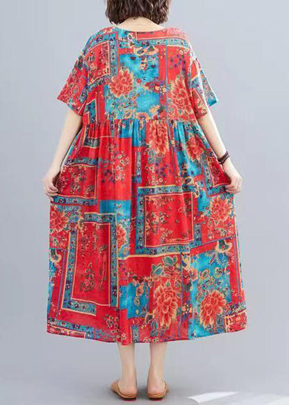 Red O-neck Print Patchwork Long Dresses Short Sleeve