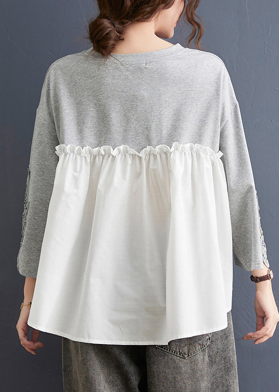 Grey Ruffled Lace Patchwork Cotton Tops Spring