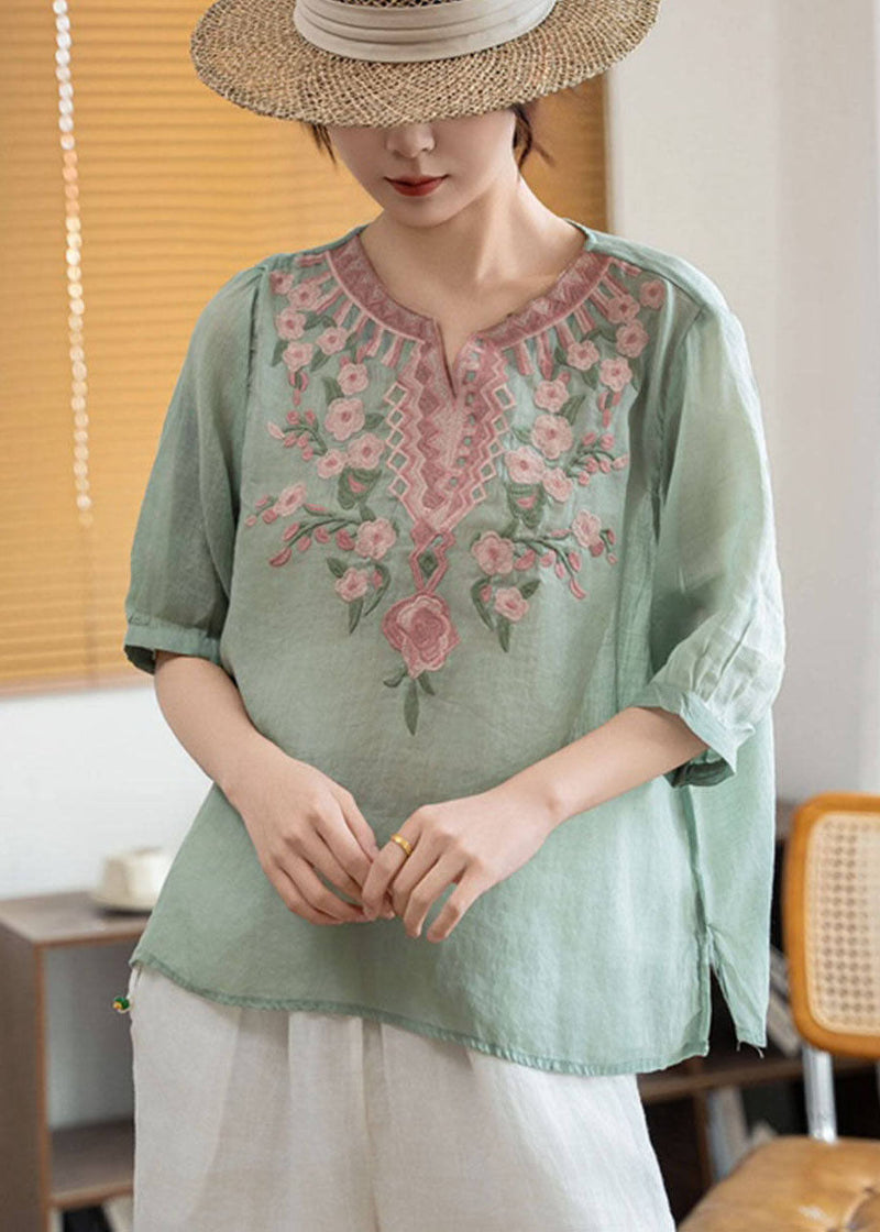 Green Stand Collar Embroidered Linen Blouses Summer
