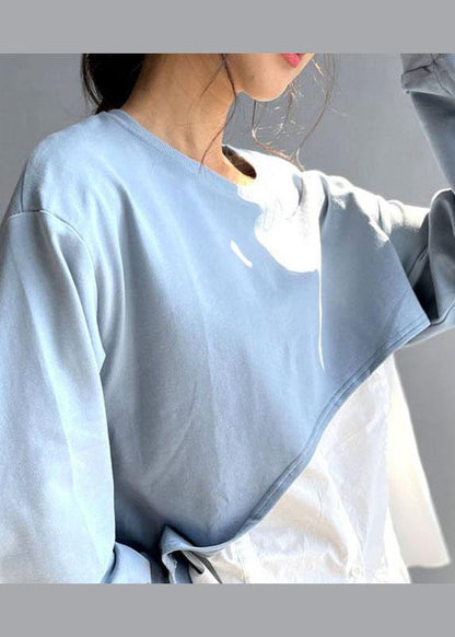 Blue O-neck Patchwork Asymmetrical Design Fall Sweatshirts Top