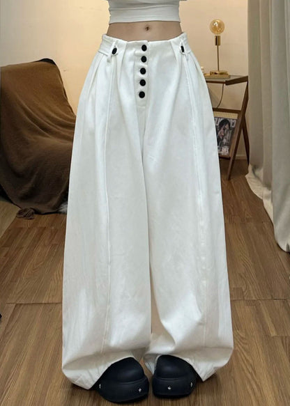 Black Pockets Button Cotton Pants Summer