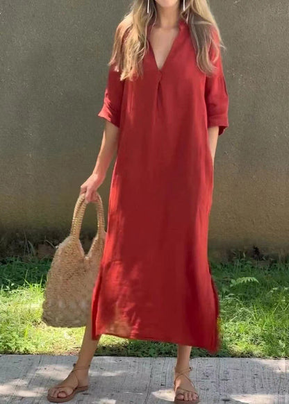 Loose Red V Neck Side Open Linen Holiday Dress Half Sleeve Summer