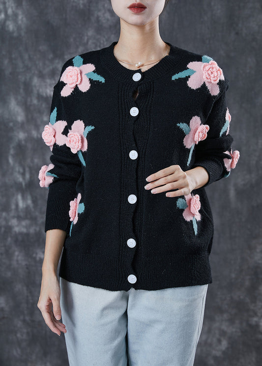 Black Cozy Knit Cardigans Stereoscopic Spring