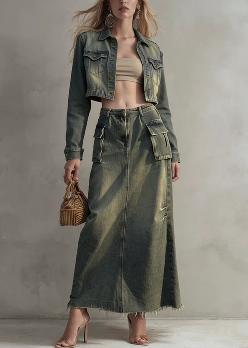 Stylish Peter Pan Collar Coat and Skirts Denim Two Pieces Set Spring