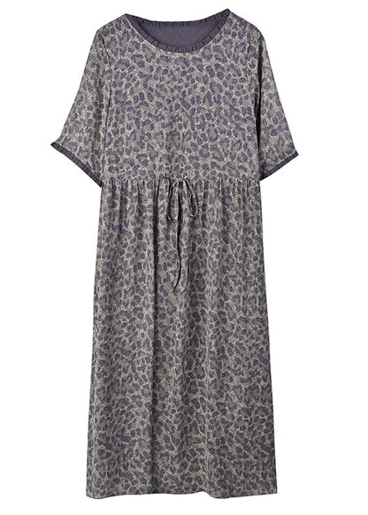 Simple Grey O-neck Leopard Print Tie Waist Silk Cinch Dresses Short Sleeve