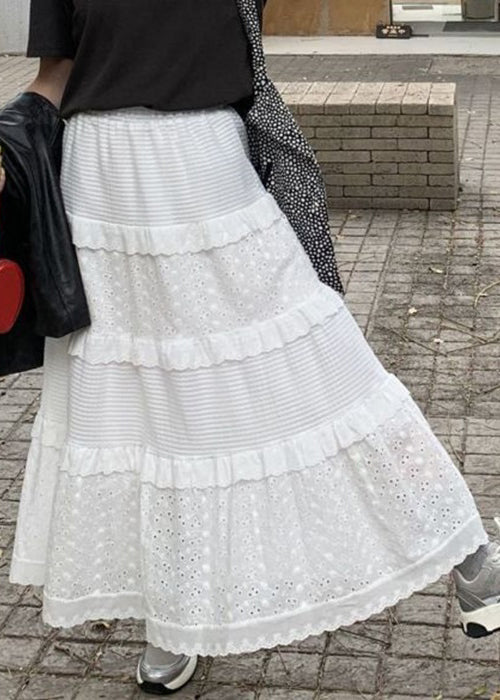 White Ruffled Hollow Out Cotton Skirts Summer