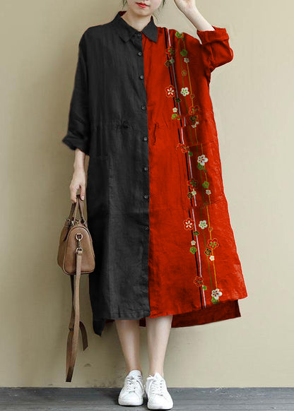 Red Flower Linen Shirt Dress Oversize Spring Maxi Dresses