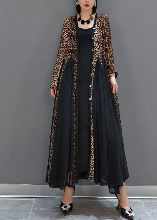 Black Button V Neck Patchwork Leopard Chiffon Maxi Dress Spring