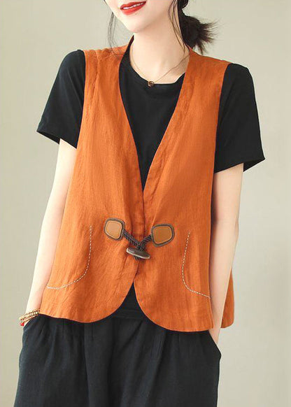 Loose Orange V Neck Button Linen Waistcoat Sleeveless