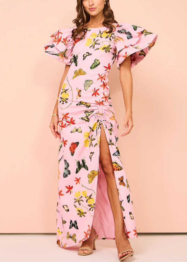 Pink Print Lace Up Side Open Cotton Dresses Butterfly Sleeve