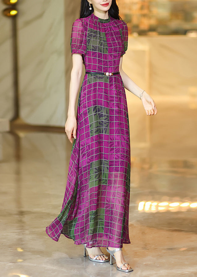 Rose O Neck Plaid Chiffon Maxi Dresses Summer