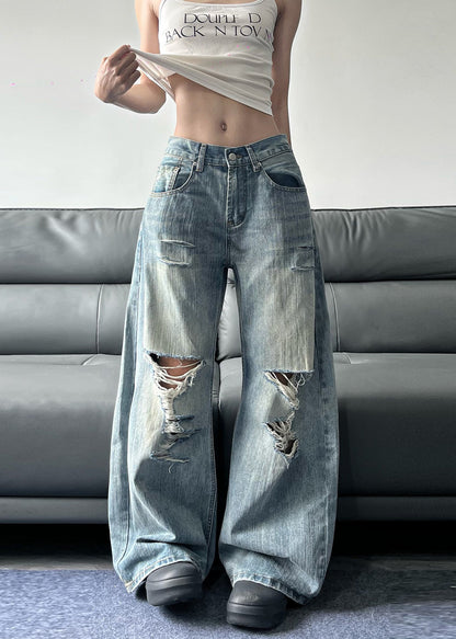 American Style Blue Pockets Denim Ripped Wide Leg Pants Fall