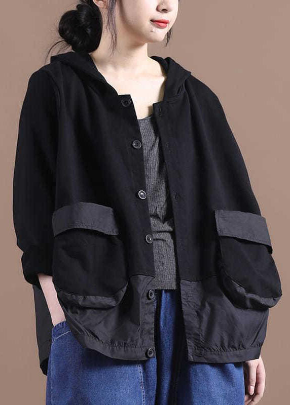 Black Hooded Patchwork Cotton Spring Coat