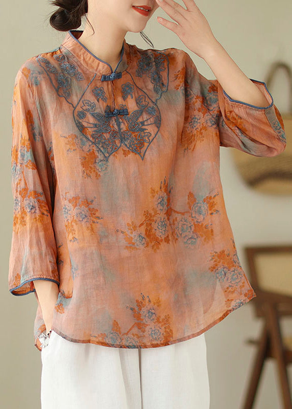 Orange Embroideried Print Cotton Shirts Half Sleeve