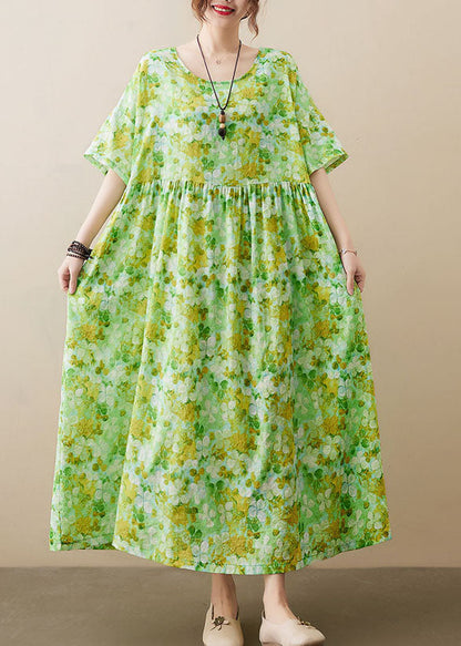 Green O-neck Wrinkled Patchwork Cotton Long Dress Short Sleeve