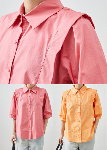 Orange Peter Pan Collar Patchwork Cotton Shirts Half Sleeve