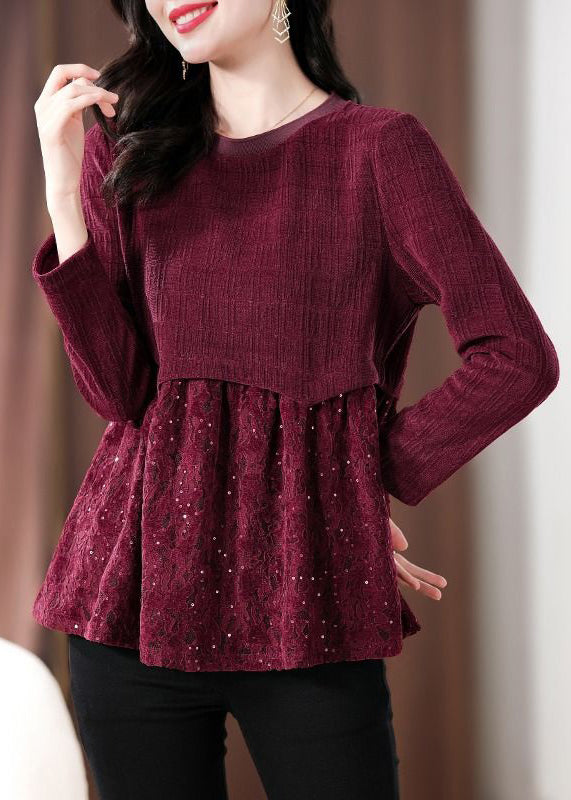 Wine Red Lace Patchwork Knit Top Long Sleeve