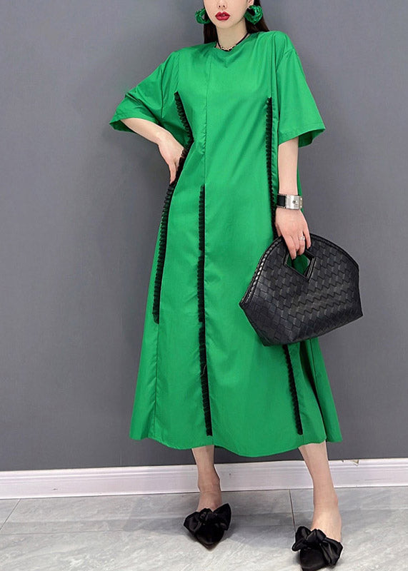 Green O-neck Ruffled Patchwork Pockets Long Dress Short Sleeve