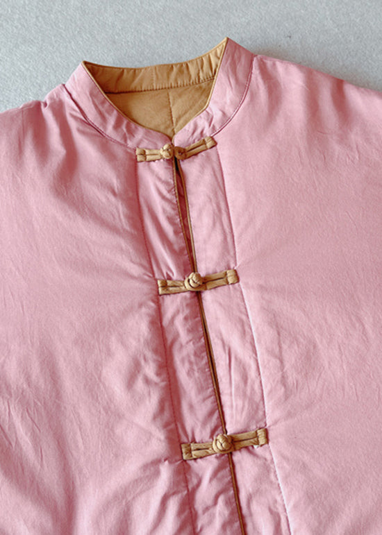 Retro Pink Stand Collar Pockets Fine Cotton Filled Coat Winter