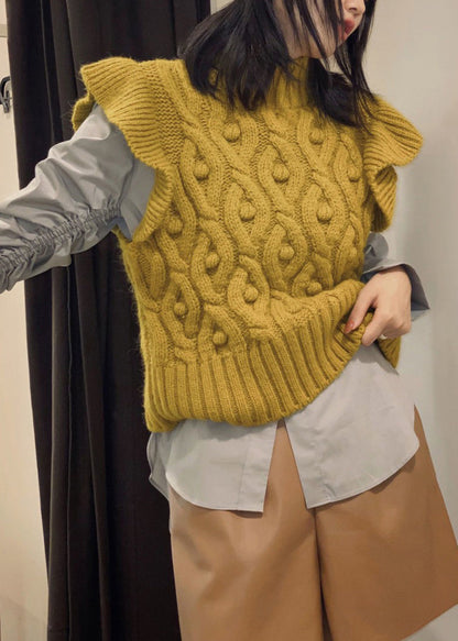Italian Yellow Ruffles Turtle Neck Cable Knit Vest Grey Wrinkled Shirt Top Two Piece Outfit Spring