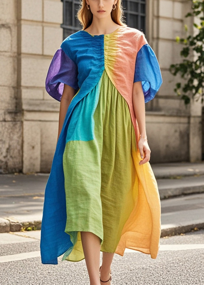 Colorblock Puff Sleeve Patchwork Wrinkled Cotton Long Dresses
