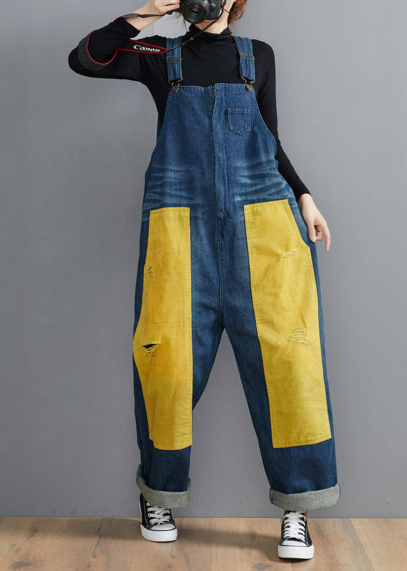French Denim Blue Jeans Spring Patchwork Jumpsuit Pants