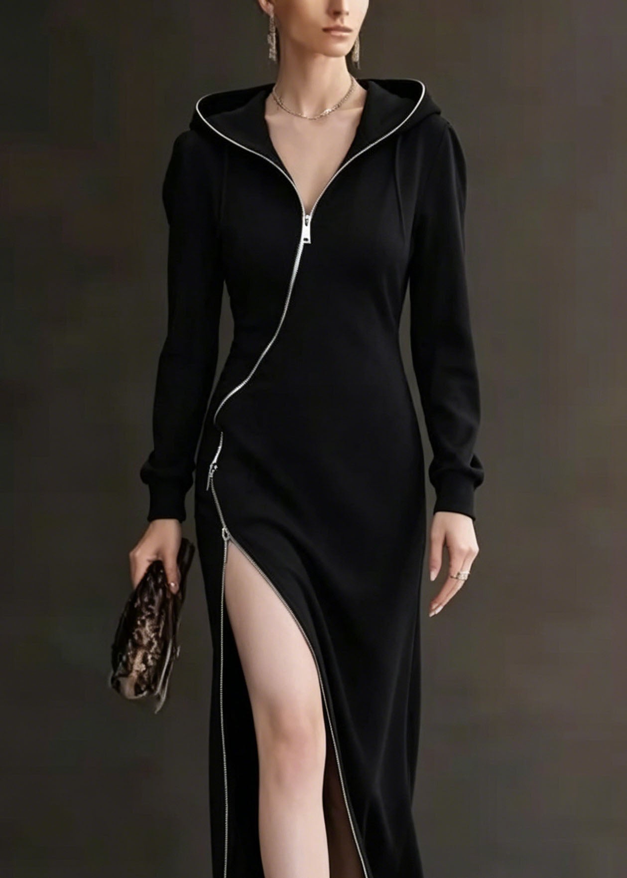 New Black Zip Up Asymmetrical Design Patchwork Cotton Dress Fall