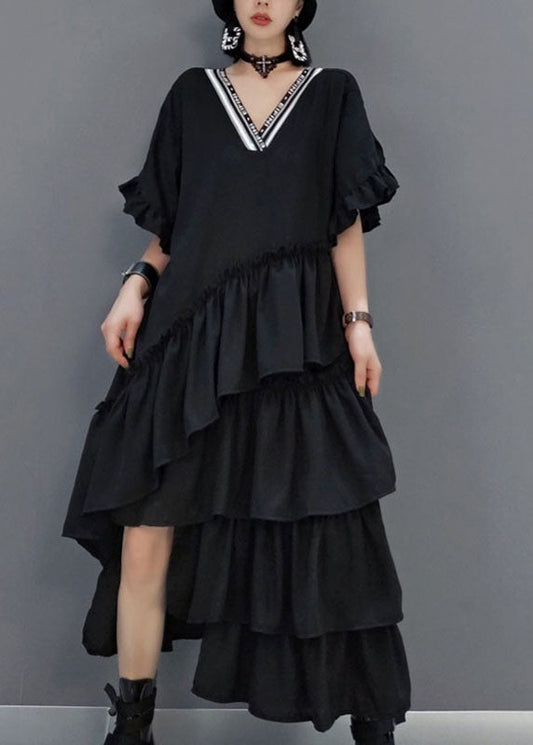 Art Black V Neck Ruffled Asymmetrical Long Dress Spring