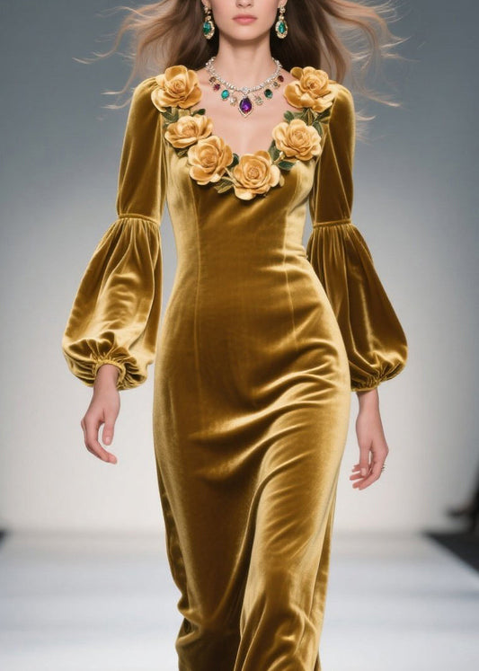 Handmade Yellow V Neck Velvet Long Dresses Fall