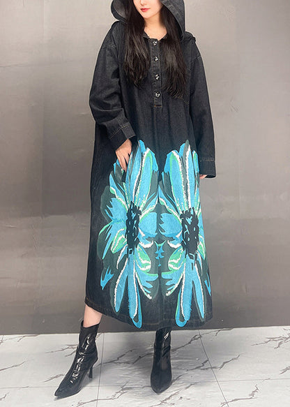 Loose Black Hooded Print Denim Long Dress Fall