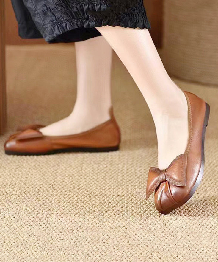 Green Bow Cowhide Leather Comfortable Flats Shoes