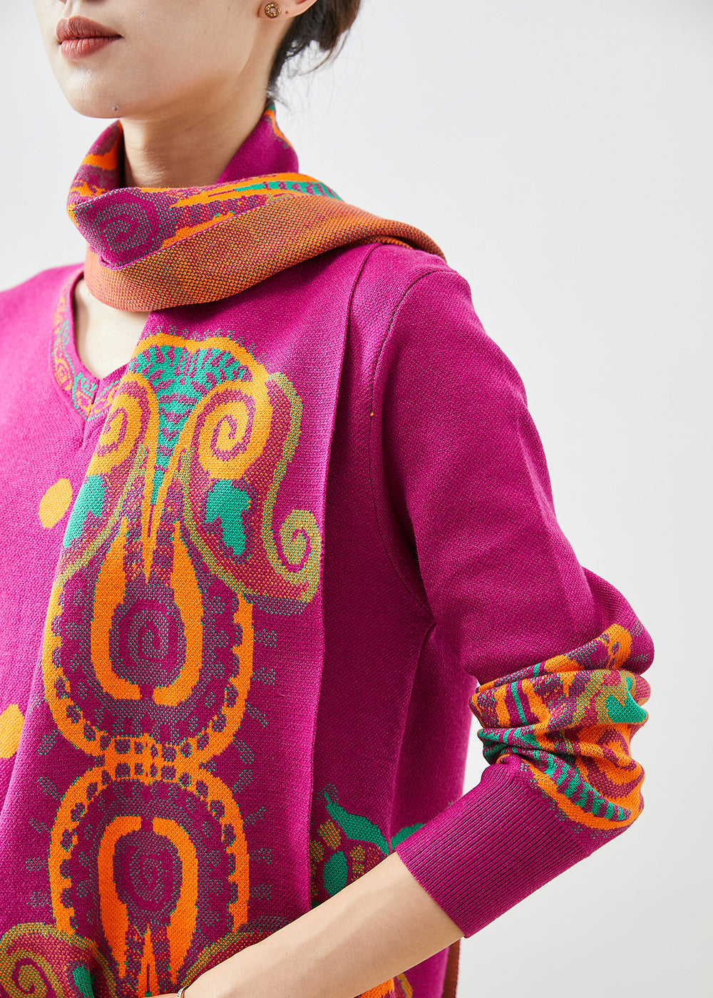 Rose Print Complimentary Scarf Knit Dress Fall