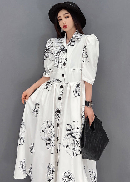 White Peter Pan Collar Print Chiffon Maxi Cinch Dress Half Sleeve