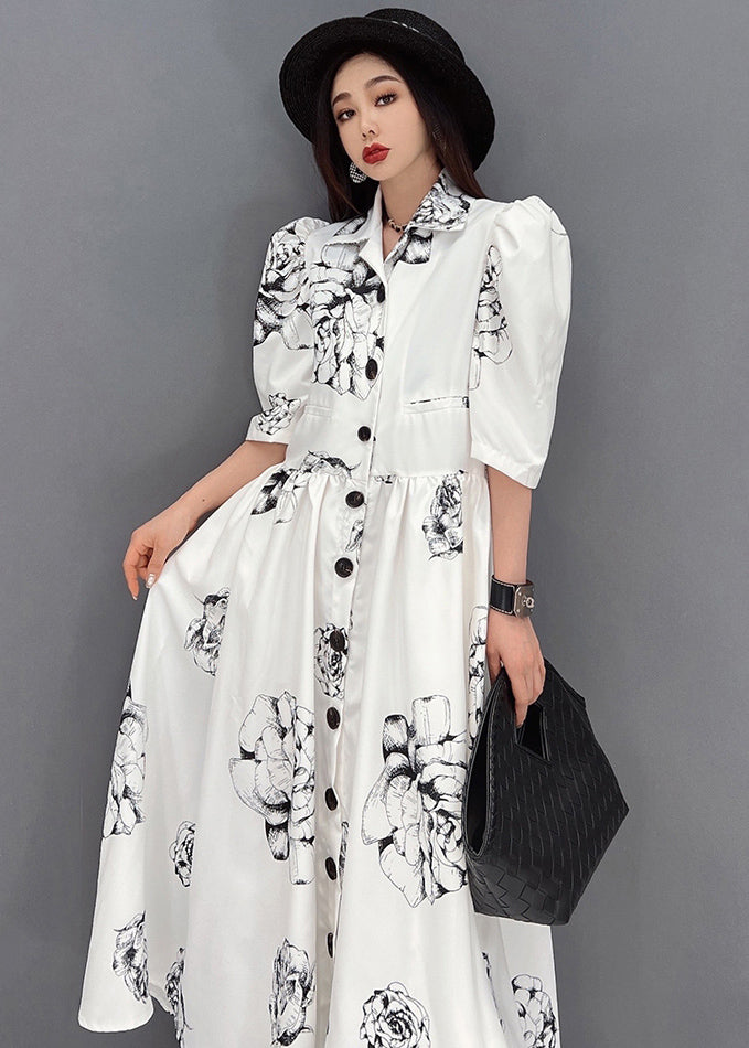 White Peter Pan Collar Print Chiffon Maxi Cinch Dress Half Sleeve