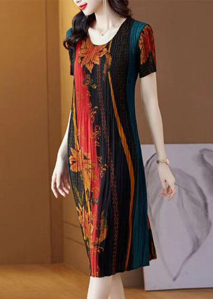 Unique Black Green O-neck Print Silk Vacation Dresses Short Sleeve