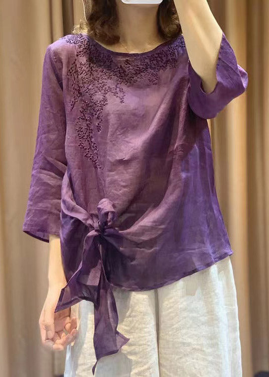 Novelty Purple O-neck Embroideried Tie Waist Linen Top Long Sleeve