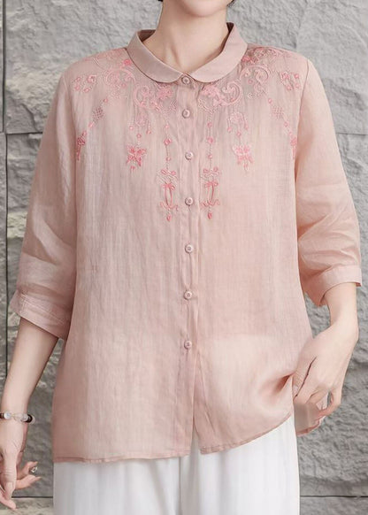 Yellow Peter Pan Collar Embroidered Linen Blouse Top Summer