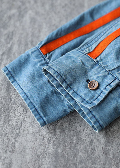 Denim Blue Pockets Patchwork Tie Waist Cotton Long Dress Long Sleeve