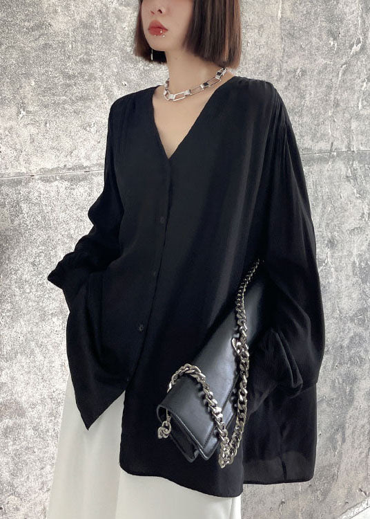 Organic Black V Neck Loose Button Fall Long Sleeve Shirt