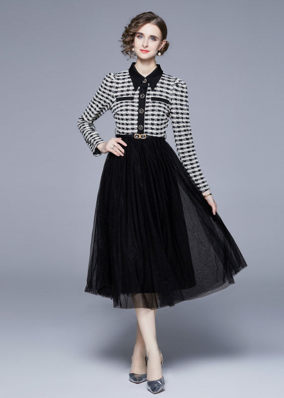 Black Peter Pan Collar Patchwork Tulle Cinch Dress Spring