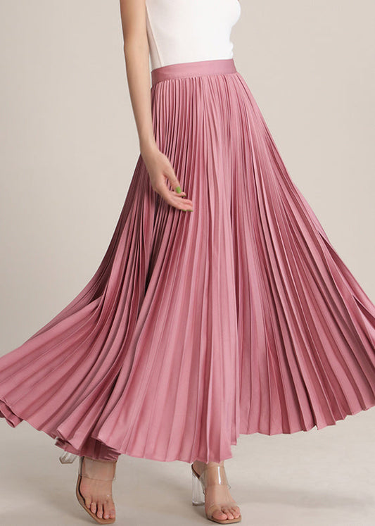 Pink High Waist Silk Pleated Skirt Zippered Summer