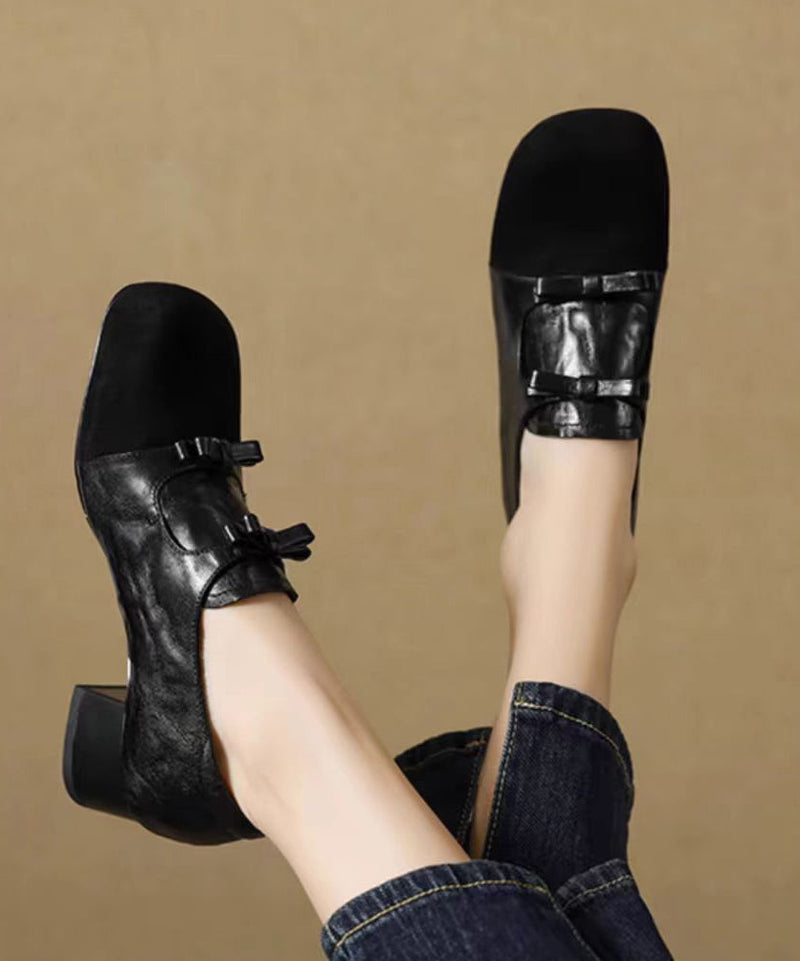 Chocolate Chunky Suede Bow Splicing Loafers