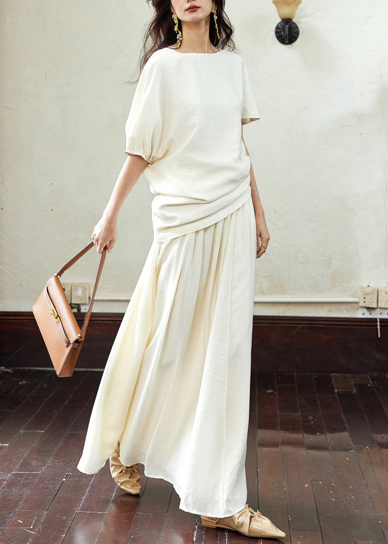 White Asymmetrical Wrinkled T Shirts and Skirts Cotton Two Piece Set Summer