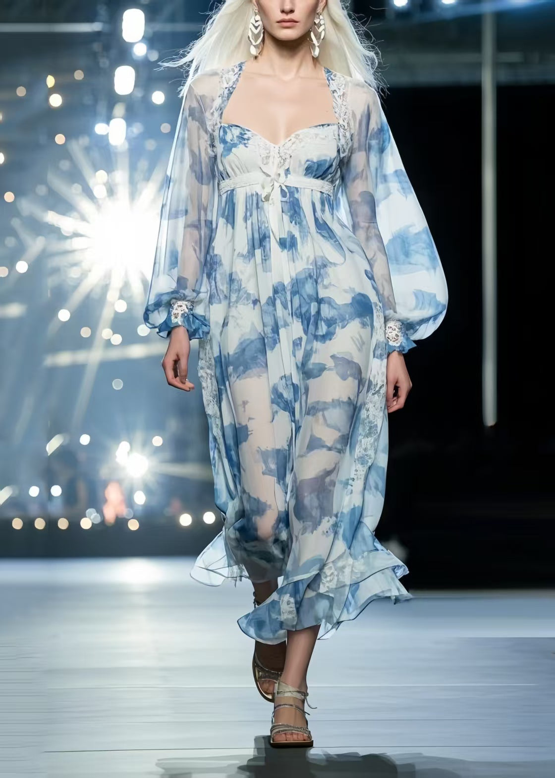 Sky Blue Print Draping Chiffon Vacation Dresses Summer