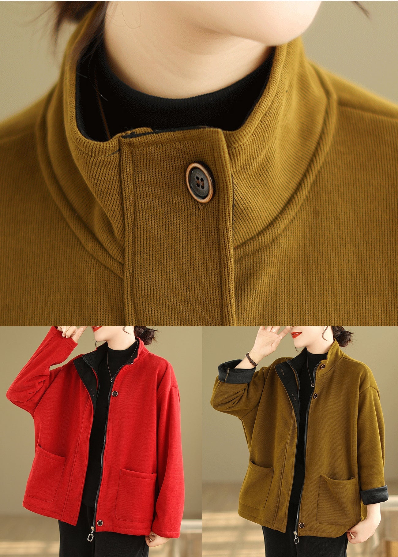 Yellow Zip Up Pockets Patchwork Warm Fleece Coat Fall