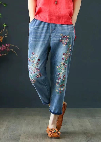 Blue Embroidered Denim Crop Pants Summer
