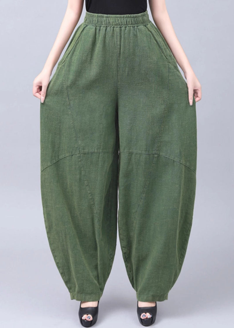 New Green Pockets Elastic Waist Cotton Pants Summer